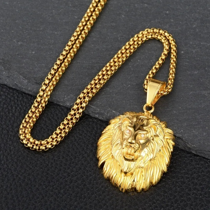 New Trendy Animal Long Hair Lion Head Pendant Necklace Men's Necklace Metal Sliding Inlaid Crystal Necklace Accessories Jewelry