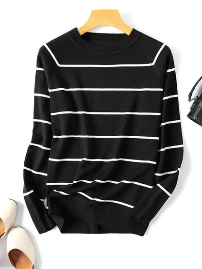 Autumn Winter Long Sleeve Striped Pullover Women Sweater Knitted Sweaters O-Neck Tops Korean Pull Femme Jumper Female White