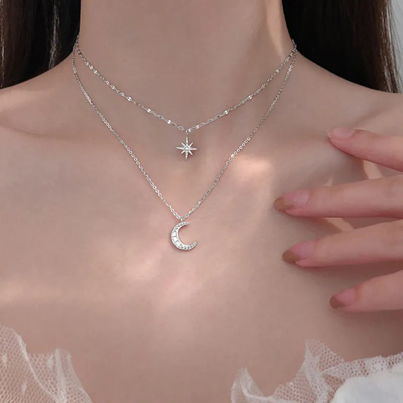 Collier à breloques étoile et lune pour femmes, Simple, Double couche, chaîne de clavicule délicate, en Zircon, bijoux