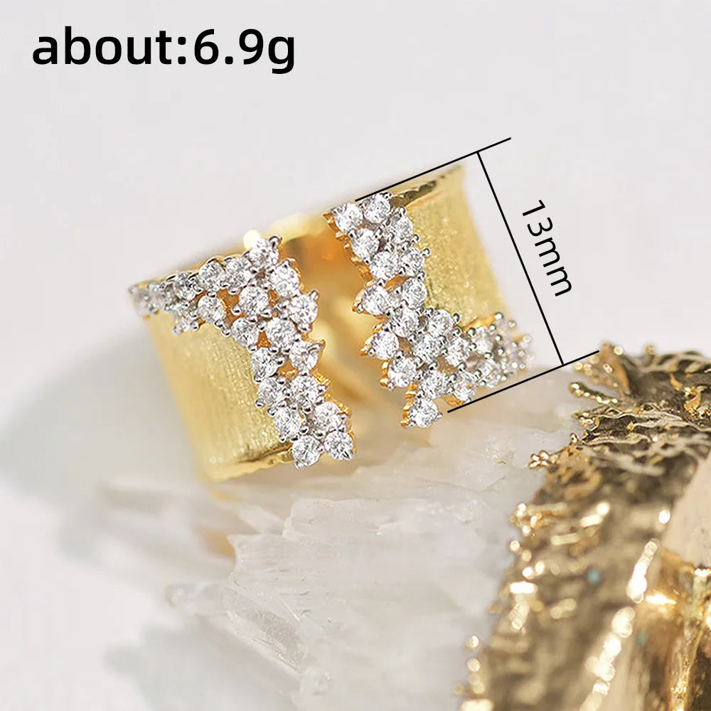 Women's Finger Ring with CZ Stone Wiredrawing Effect Gold Color Wide Rings Luxury Female Jewelry Party