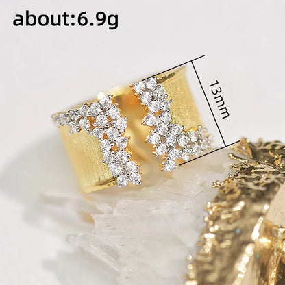 Women's Finger Ring with CZ Stone Wiredrawing Effect Gold Color Wide Rings Luxury Female Jewelry Party