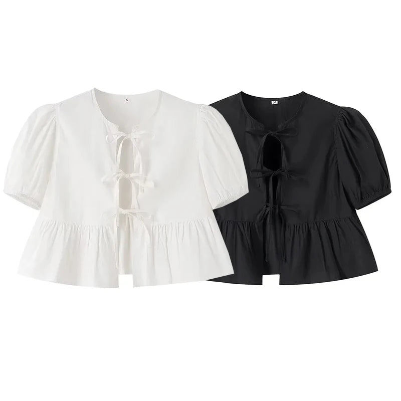 TRAF White Crop Top Women Black Ruffle Short Puff Sleeve Blouse Female Bow Tied Summer Blouses Woman Ruched Cute Tops