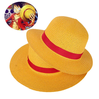 Casquette une pièce pour garçon et fille, chapeau de paille, ficelle de cou, chapeaux plats Luffy, Cosplay, accessoires de dessin animé japonais, chapeau de plage à rayures rouges pour enfant