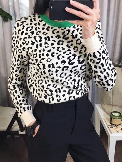 Autumn Winter Women Sweaters Leopard Knitted Pullovers Long Sleeve Contrast Color Crewneck Jumpers Sweter Mujer C- 026