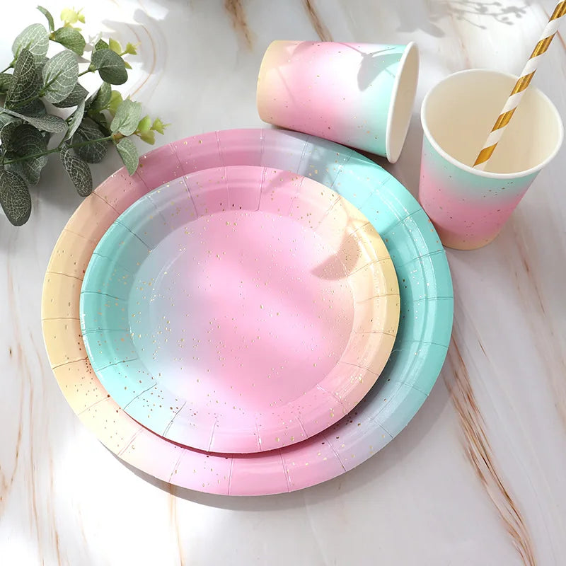 Rainbow Tableware Set for Birthday Party Decorations Rainbow Tableware Paper Plates Cups Napkins Tablecloth Dinner Disposable