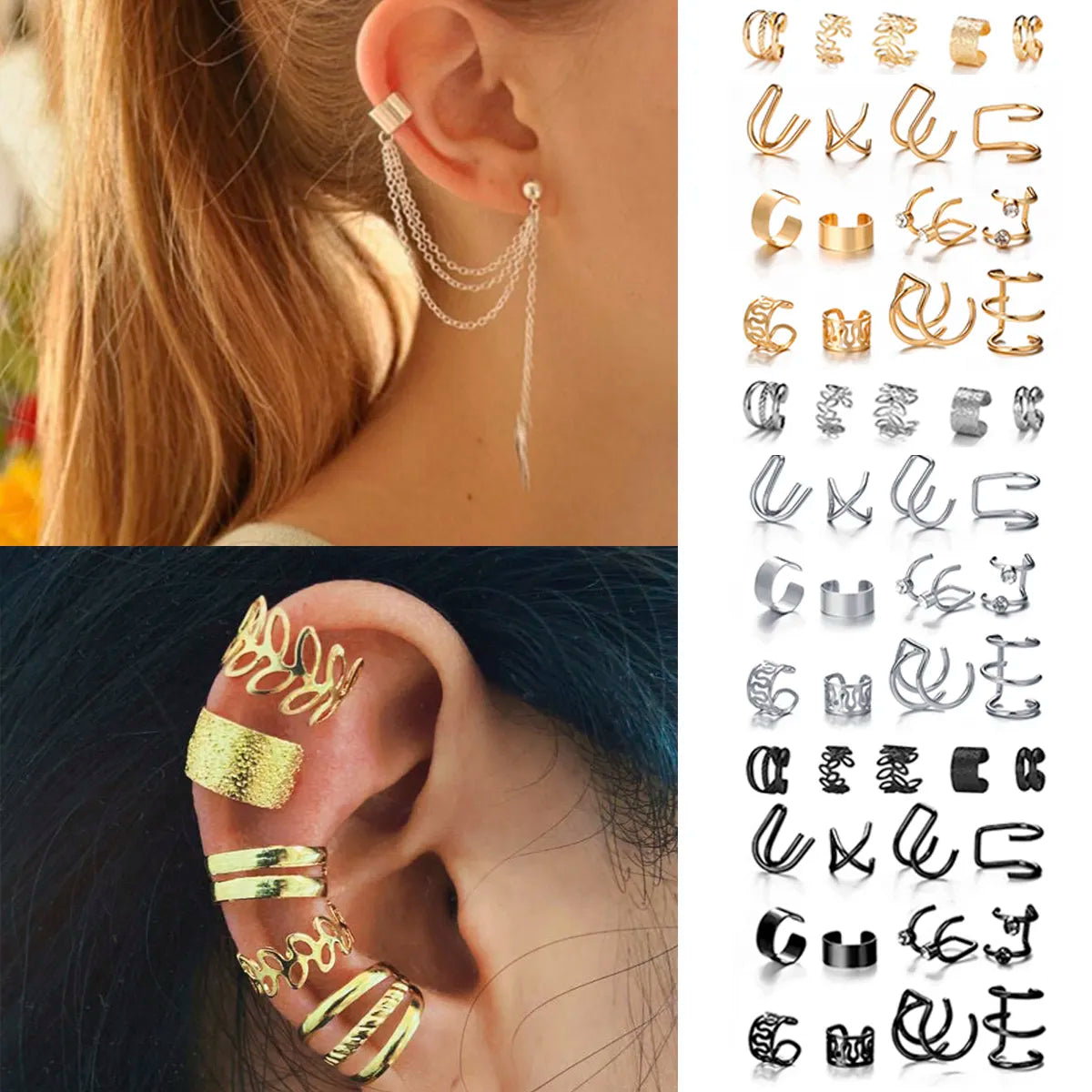 Gold Color Leaves Ear Cuff Black Non-Piercing Ear Clip Earrings for Women Men Fake Cartilage Earring Cuff Jewelry