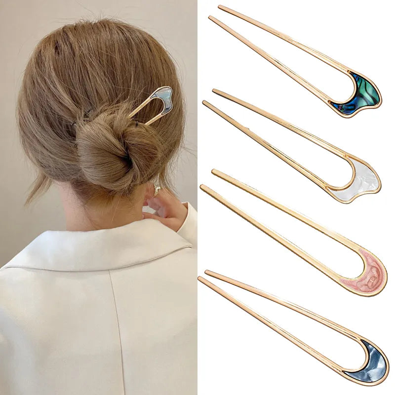 Fashion Luxury Silver Gold Color Elegant Shell Enamel Hairpin for Women Metal U Shape Hair Stick Hairwear Accessories Jewelry