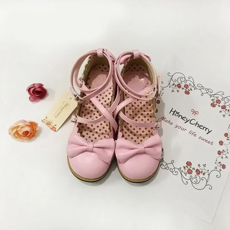 Lolita Shoes Women Flats Low Round With Cross Straps Bow Cute Girls Princess Tea Party Shoes Students Lovely Shoes Size 34-41