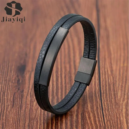 Simple Style Men's Black Genuine Leather Bracelet Classic Stainless Steel Insert Double-layer Braid Bangles For Men Friend Gift