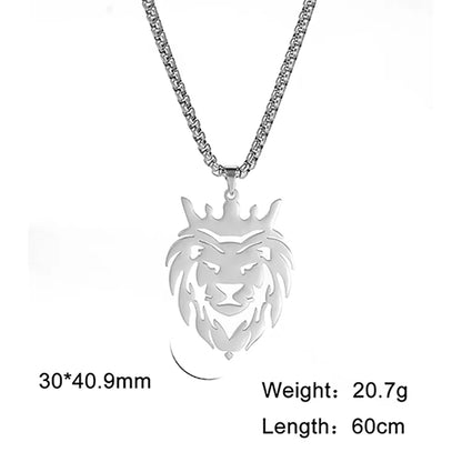 My Shape Lion with King Crown Necklaces for Men Boys Stainless Steel Punk Animal Necklaces Lion Men's Box Chain Choker Jewelry