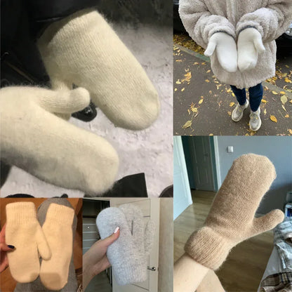 Double-layer rabbit hair gloves female winter Korean version of solid color all fingers winter women gloves girls mittens