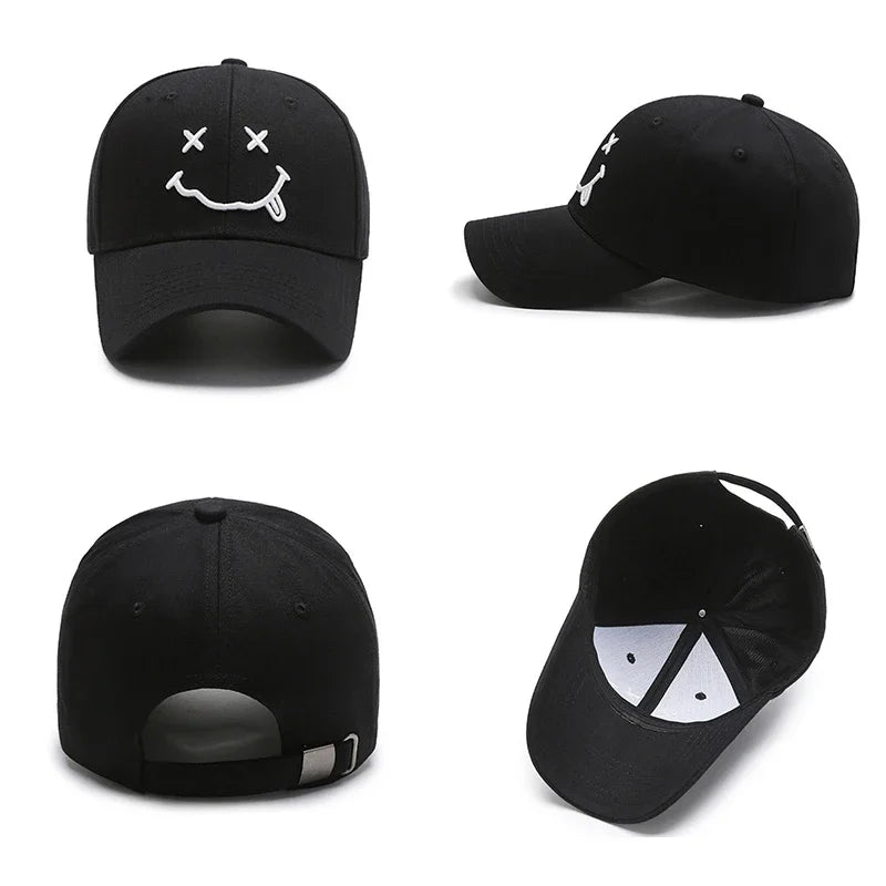 Casquettes de baseball brodées avec visage souriant pour femmes, Kpop, en coton noir, réglable, Snapback drôle, casquette Hip Hop, automne, chapeaux de papa pour hommes