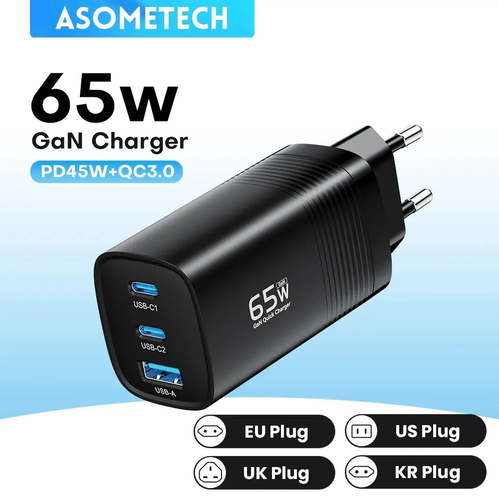 ASOMETECH GaN USB Type C Charger 65W 45W PPS PD QC4.0 Quick Charger For Macbook Laptop IPAD Tablet iPhone 14 Samsung S23 Ultra