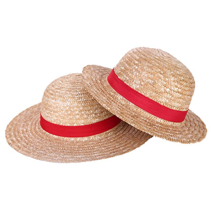 Casquette une pièce pour garçon et fille, chapeau de paille, ficelle de cou, chapeaux plats Luffy, Cosplay, accessoires de dessin animé japonais, chapeau de plage à rayures rouges pour enfant