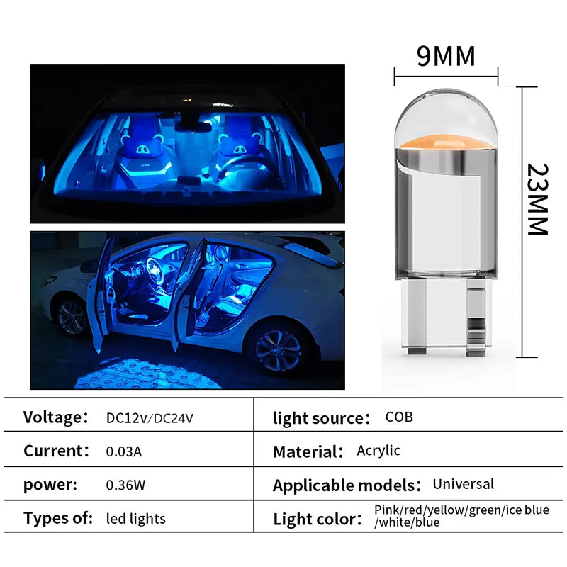 10X New W5W LED Canbus T10 Car Lights COB Glass Interior Parts Bulbs 6000K White Auto License Plate Lamp Dome Read Light 12V 24V