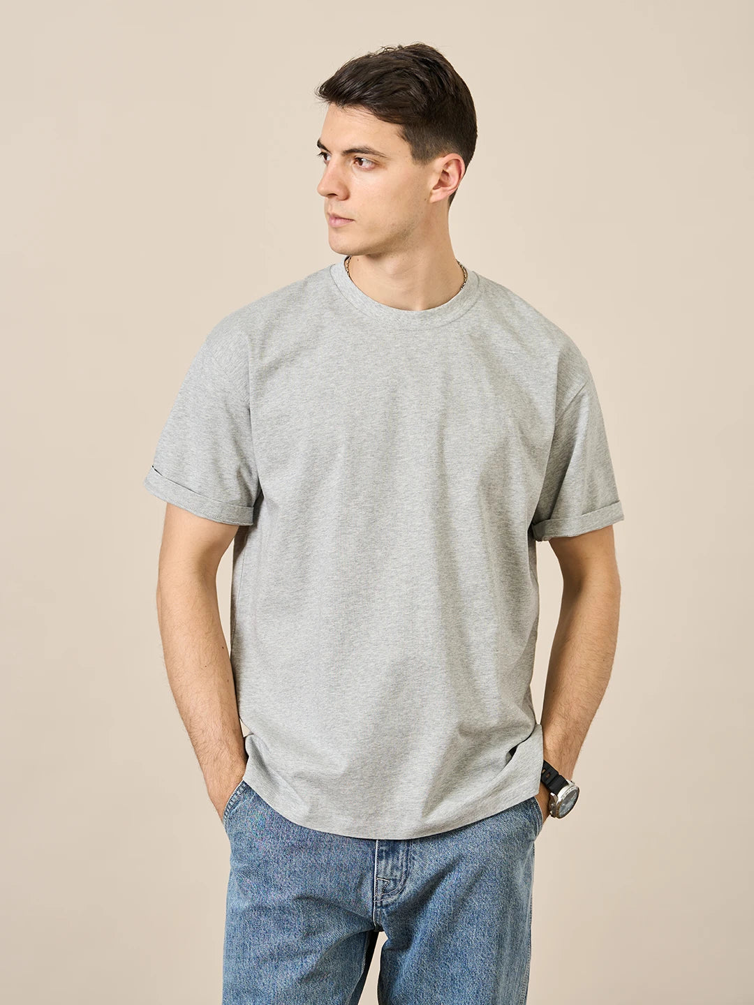 SIMWOOD  250g 100% Cotton Fabric T-shirt Men High Quality Solid Color Drop Sleeve Loose Tshirts Oversize Tops