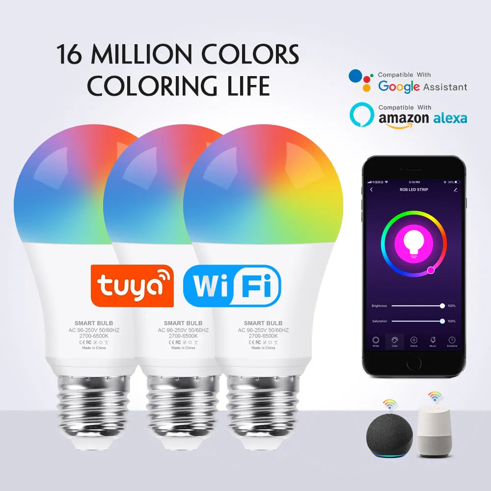 Tuya E27 Led Lights Bulb RGB CW WW Wifi Led Lamp Alexa Smart Bulb Compatible With Google Assistant For Smart Home Decoration