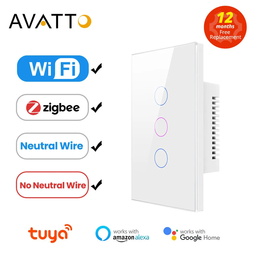 AVATTO Tuya WiFi/Zigbee Smart Light Switch, Neutral Wire/No Neutral Wire Required Wall Touch Switch Arbeta med Alexa, Google Home