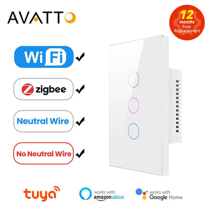 AVATTO Tuya WiFi/Zigbee Smart Light Switch, Neutral Wire/No Neutral Wire Required Wall Touch Switch Arbeta med Alexa, Google Home