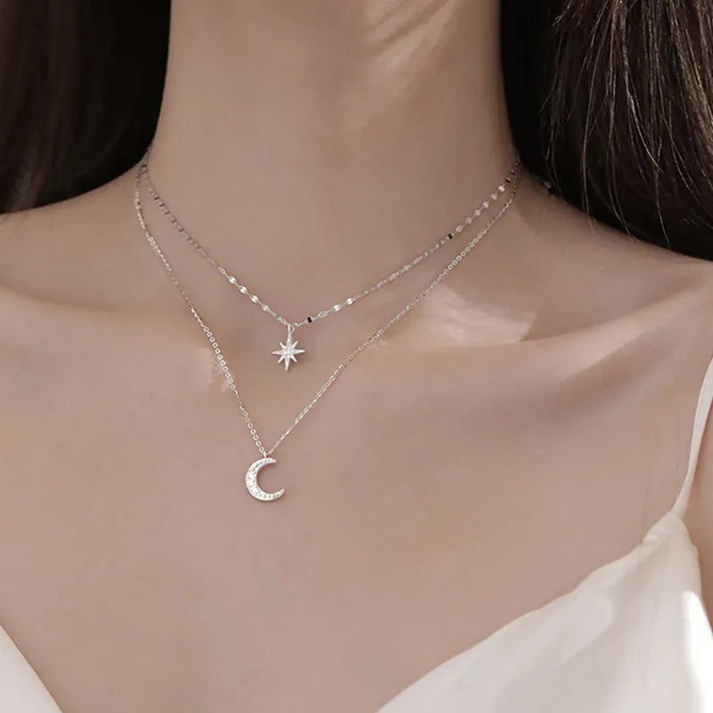 Collier à breloques étoile et lune pour femmes, Simple, Double couche, chaîne de clavicule délicate, en Zircon, bijoux