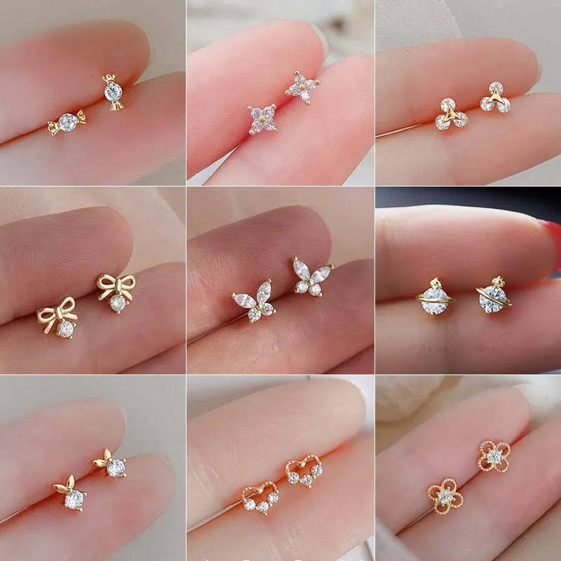 Tibetan Silver Mini Crystal Butterfly Sweet Stud Earrings for Women Flower Helix Cartilage Tragus Lobe Teen Ear Piercing Jewelry