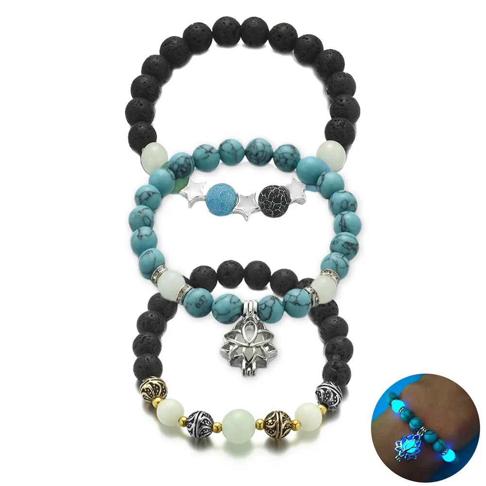 Natural Stone Bracelet Yoga Healing Luminous Glow In The Dark Bracelet Lotus Charm Beads Bracelet for Men Women Prayer Buddhism