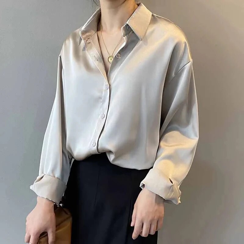 Silk Korean Office Dam Elegant Skjorta Blus Dam Mode Button Up Satin Skjorta Vintage Vita Långärmade Skjortor Toppar