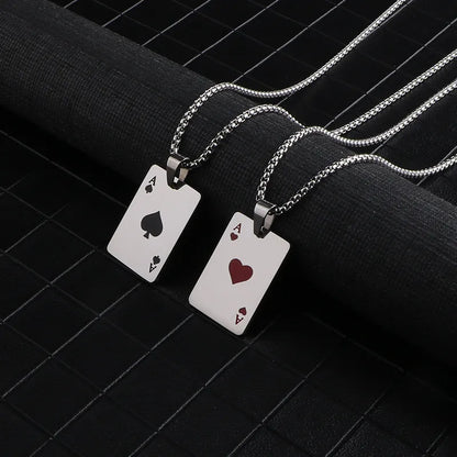 Men Statement Poker Lucky Ace of Spades Pendant Necklace Red Black Silver Color Stainless Steel Long Chain Necklaces Jewelry