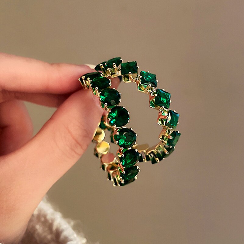 Shiny Luxury High Quality Inlay Hoop Earrings Round Green Zircon Crystal Earrings for Women Engagement Party Jewelry Gifts