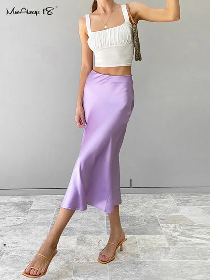 Solid Purple Satin Silk Skirt Women High Waisted Summer Long Skirt Elegant Ladies Office Skirts Midi Spring