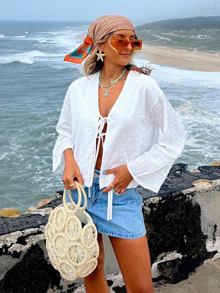 Linen Solid Lace Up Bow Shirts Women Casual Hollow Out V-neck Long Sleeve Blouses Spring Summer Fashion All-match Lady Tops