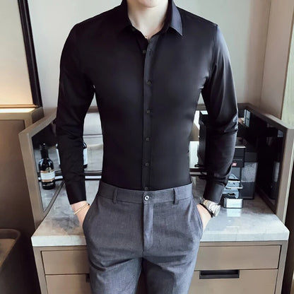 Plus Size 5XL-S Spring New Solid Business Formal Wear Long Sleeve Shirts For Men Clothing Slim Fit Casual Prom Tuxedo Dress