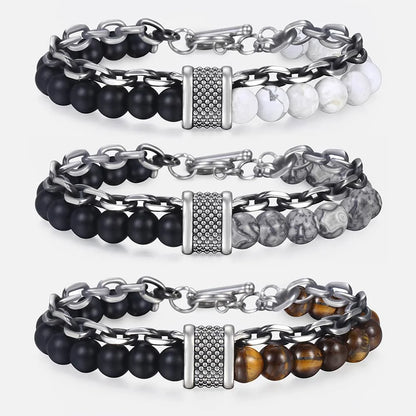 Men's Tiger Eye Stone Beaded Bracelet Stainless Steel Gunmetal Link Chain Yoga Bracelet Male Jewelry