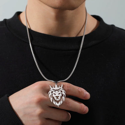 My Shape Lion with King Crown Necklaces for Men Boys Stainless Steel Punk Animal Necklaces Lion Men's Box Chain Choker Jewelry