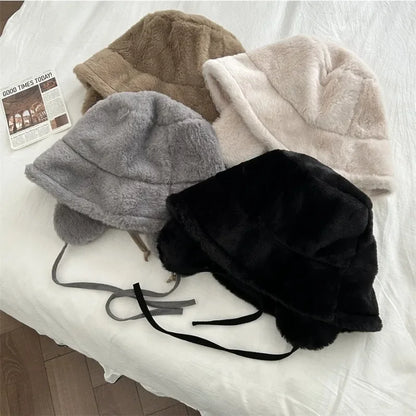 Korean New Ear Protection Bucket Hats for Women Autumn and Winter Travel Versatile Warm Retro Solid Color Plush Men's Caps