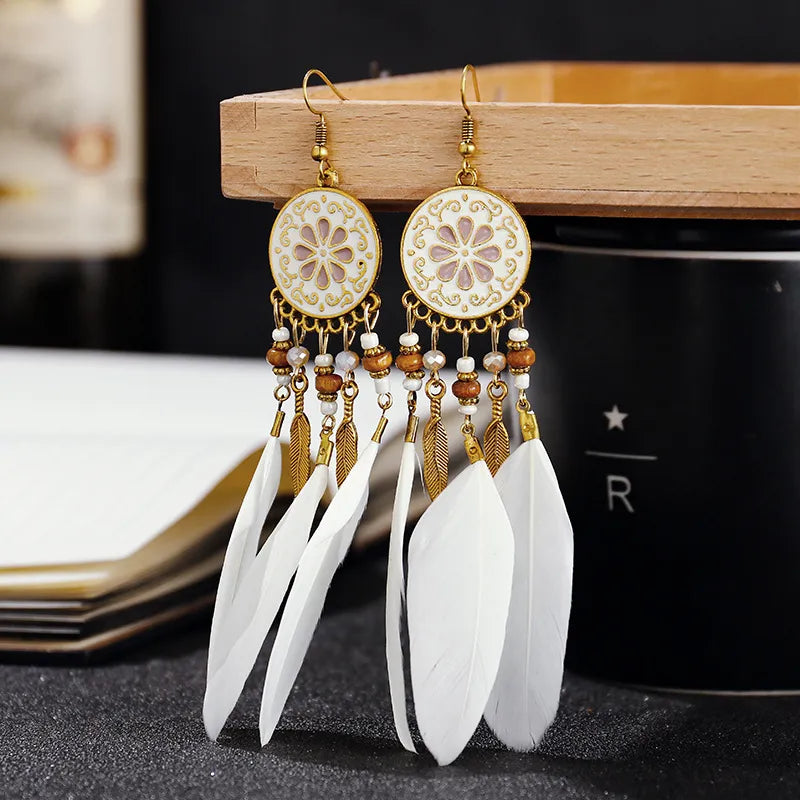 Boho Long Feather Dangle Women's Earrings Beach Long Tassel Beads Handmade Flower Enamel Earrings Bride Wedding Pendientes Mujer