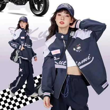 Sanrio Y2k Cinnamoroll Racer Jacket Kawaii Biker Jacket Pants Punching Cartoon Female Loose Warm Windproof Couple Clothes Gifts