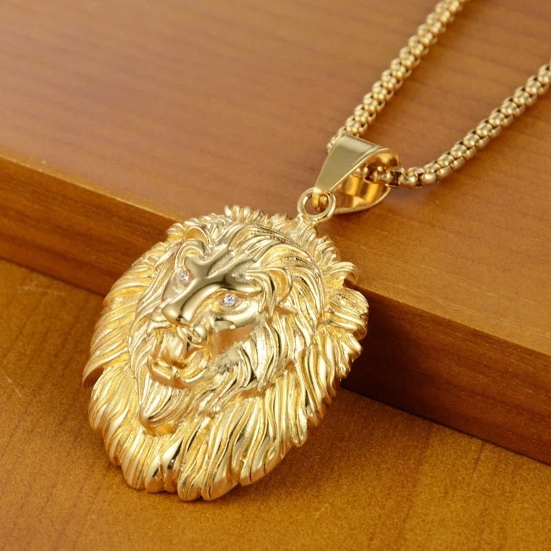 New Trendy Animal Long Hair Lion Head Pendant Necklace Men's Necklace Metal Sliding Inlaid Crystal Necklace Accessories Jewelry