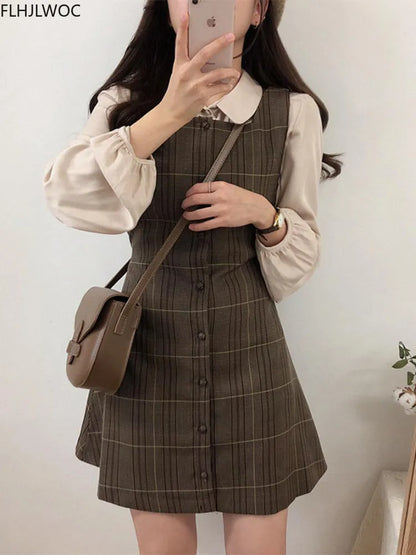 Cute Mini New Year Date Dresses Sleeveless Vest Women Korea Japanese Style Design Retro Vintage Plaid Button Shirt Dress