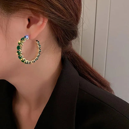 Shiny Luxury High Quality Inlay Hoop Earrings Round Green Zircon Crystal Earrings for Women Engagement Party Jewelry Gifts