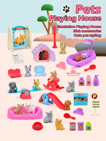 Cute Dog Pet Basket Family Toys Dog Doll Set Dog Cage Toys Scene Playing Toys Christmas Decoration and Thanksgiving Gifts