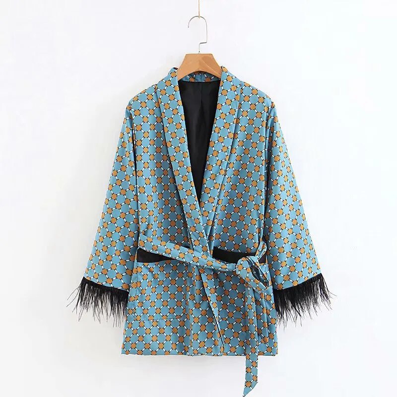 Women's Suits Sunc Spring LOOSE Blue Printed Kimono Jacket with Feather Sleeves Wide Leg Pants Two-piece Viintage Clothing Suits