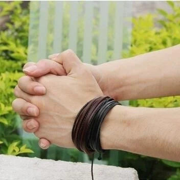 Delysia King Leisure Fashion Men's Hand-woven Multilayer Leather Bracelet Handmade Lace Up Wrist Strap