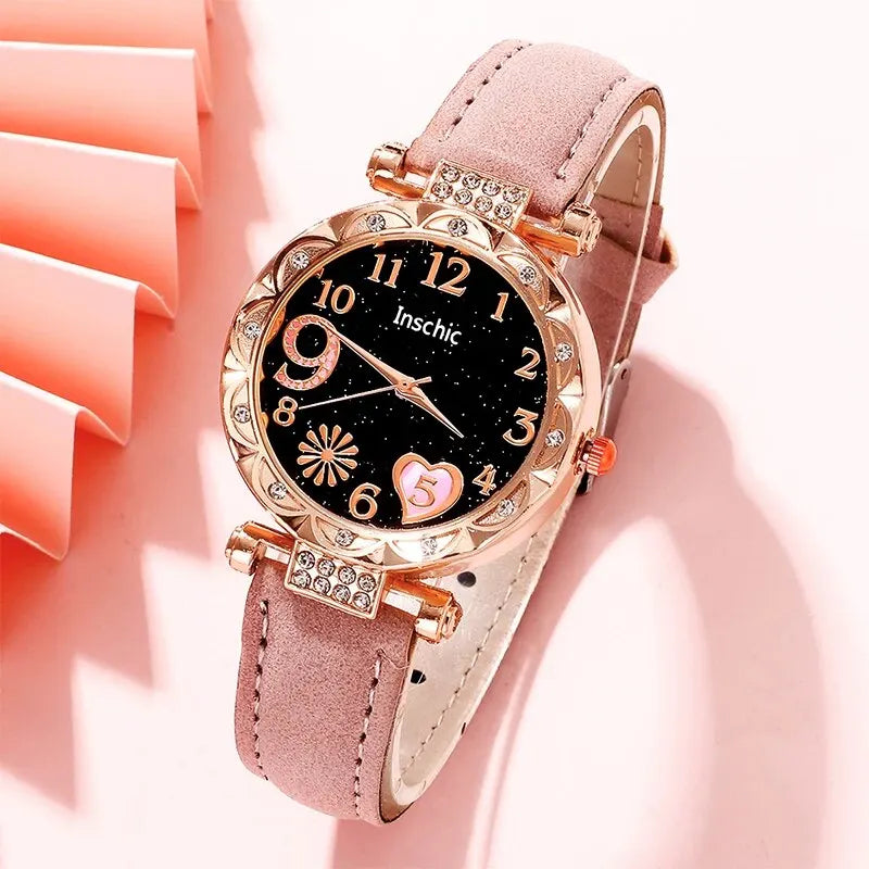 Women's Fashion Quartz Watch Luxury Pink Leather Band Analog WristWatch Ladies Watch Women Dress Bracelet Set Reloj Mujer Clock