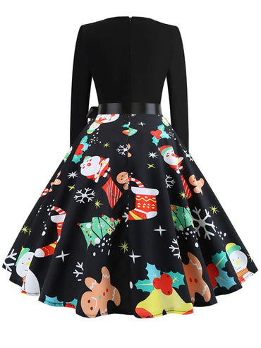 Vinter julklänningar Dam 50S 60S Vintage Robe Swing Pinup Elegant Festklänning Långärmad Casual Print Svart