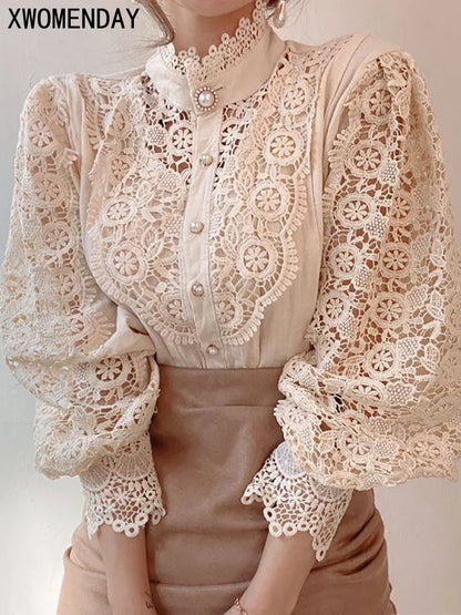 Women Chiffon Button Turtleneck Shirt Chic Elegant Floral Lace Fluffy Long Sleeve Top Fashion Hollow Oversize White Blouse