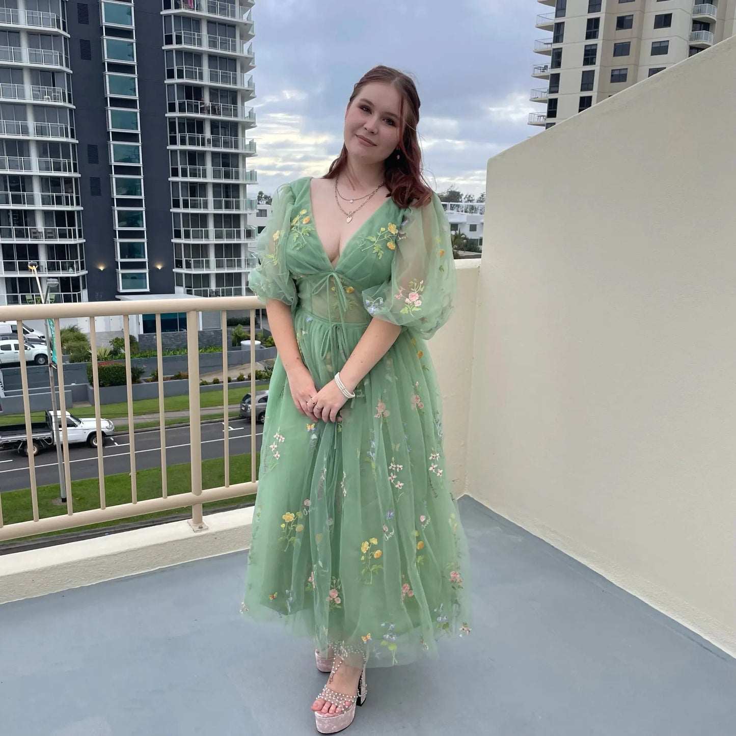 Romantic Vintage Green Prom Dress Princess Puff Long Sleeve Floral Embroidery Women Evening Dress Cocktail Girls Birthday Outfit