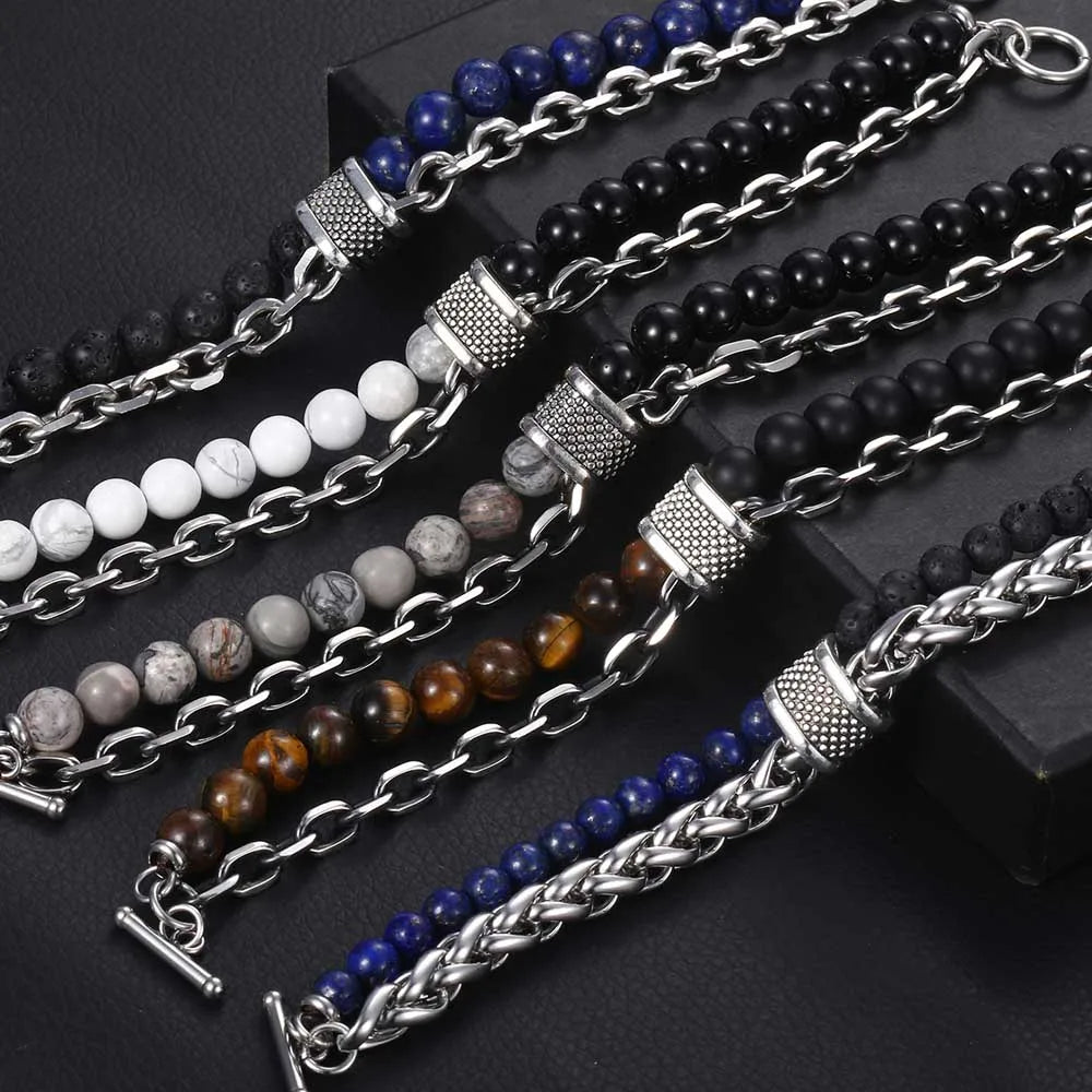 Herr Tiger Eye Sten pärlarmband Rostfritt stål Gunmetal Link Chain Yoga Armband Man Smycken