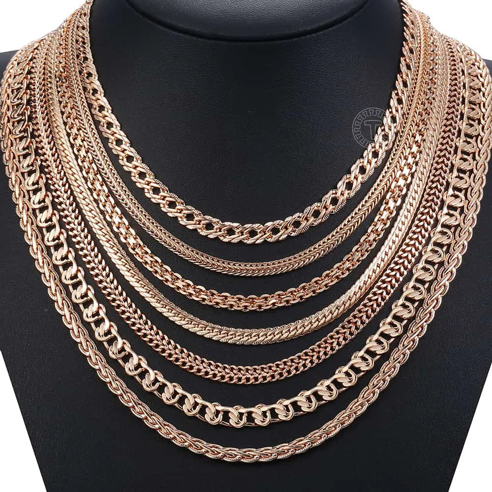 585 Rose Gold Color Women Men's Necklace Foxtail Curb Weaving Rope Snail Link Herringbone Beaded Pearl Chain 50/60cm Jewelry