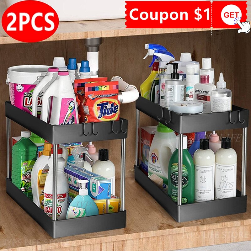 1/2 Pcs Under Sink Storage Organizer 2 Tier Drawer Multipurpose Rack Cabinet Under Sink Storage Rack Bathroom Kitchen Organizer